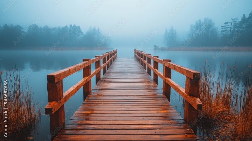 Naklejka premium Wooden Pier in Morning Mist