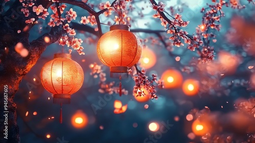 Chinese lanterns, glowing in the night sky, surrounded by blooming peach blossoms and hanging on ancient trees. 