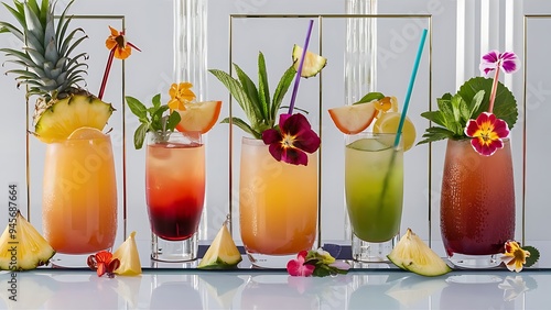 Freshening esthetic cocktails with fresh fruits and plants as decorations, concept photo