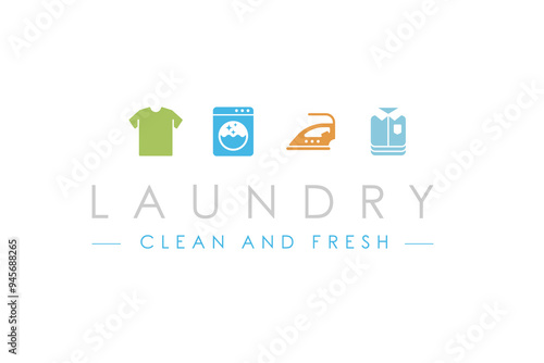 Creative laundry logo design template. Washing machine, clothes, iron, and folded clothes icon