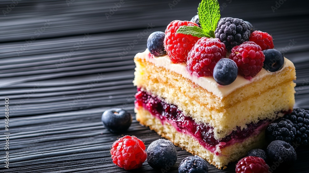 A slice of delectable sponge cake adorned with fresh berries and mint nestles elegantly on a rustic black wooden table, evoking a symphony of flavors and textures. A slice of delectable sponge cake adorned with fresh berries and mint nestles elegantly on a rustic black wooden table, evoking a symphony of flavors and textures.