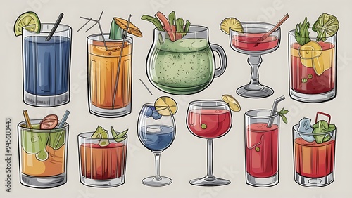 An illustrated set of fancy drink cocktails isolated on white.