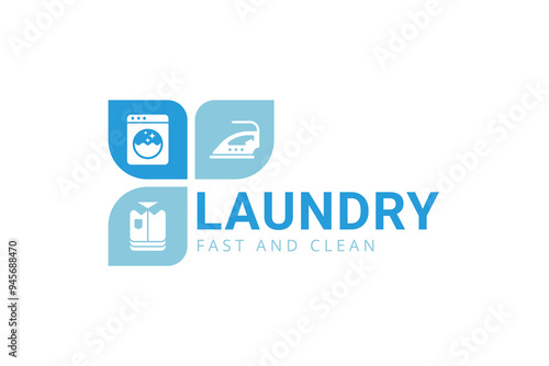 Creative laundry service logo template. Washing machine, iron, and folded clothes icon