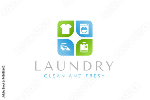 Laundry service logo template. Washing machine, clothes, iron, and folded clothes icon