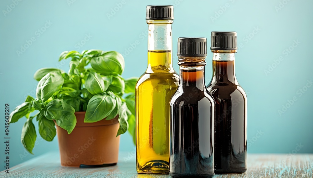 Three bottles of olive oil, balsamic vinegar and a potted basil plant on a wooden table. Three bottles of olive oil, balsamic vinegar and a potted basil plant on a wooden table.
