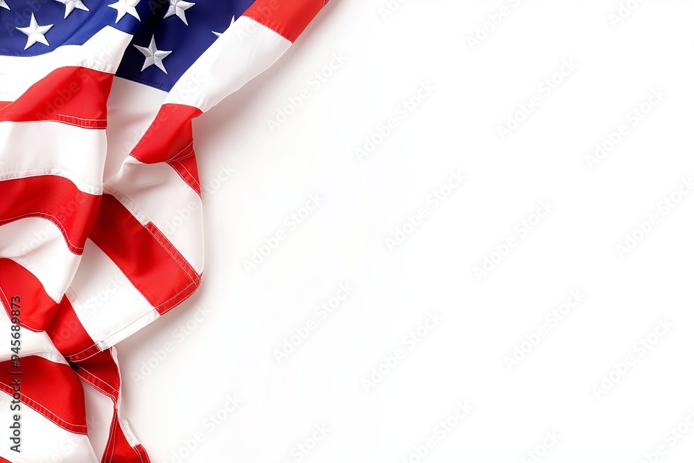 An American flag draped in the upper left corner of a white background with space for text. An American flag draped in the upper left corner of a white background with space for text.