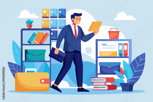 Organize files folder or archive document to be index, administration work, plan or file management, arrange online data or paperwork concept, businessman organize document file into archive folders

