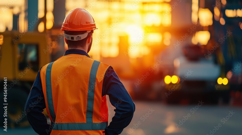 Construction Site Worker Observing Sunset with Heavy Machinery Construction Site Worker Observing Sunset with Heavy Machinery