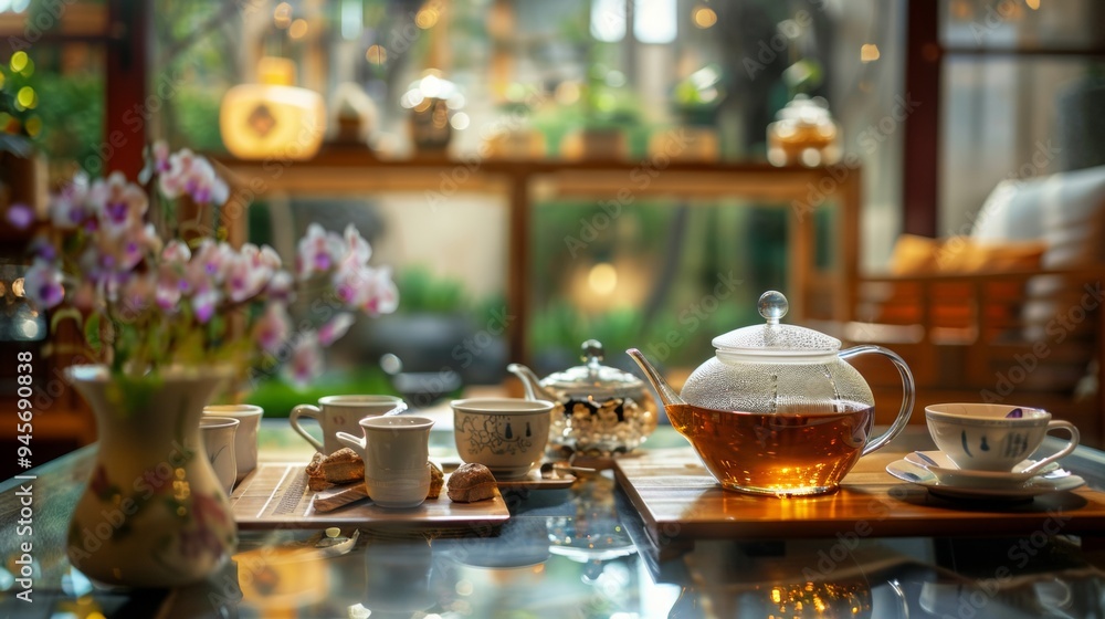 A tranquil tea gathering with brewed tea, cups, and snacks in a cozy, sunlit setting filled with flowers and greenery A tranquil tea gathering with brewed tea, cups, and snacks in a cozy, sunlit setting filled with flowers and greenery