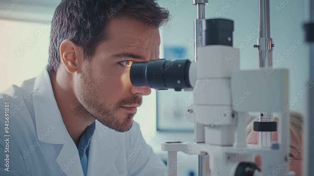 A male ophthalmologist in a white coat is performing an eye examination on a patient with an ophthalmoscope, Ai generated Images A male ophthalmologist in a white coat is performing an eye examination on a patient with an ophthalmoscope, Ai generated Images