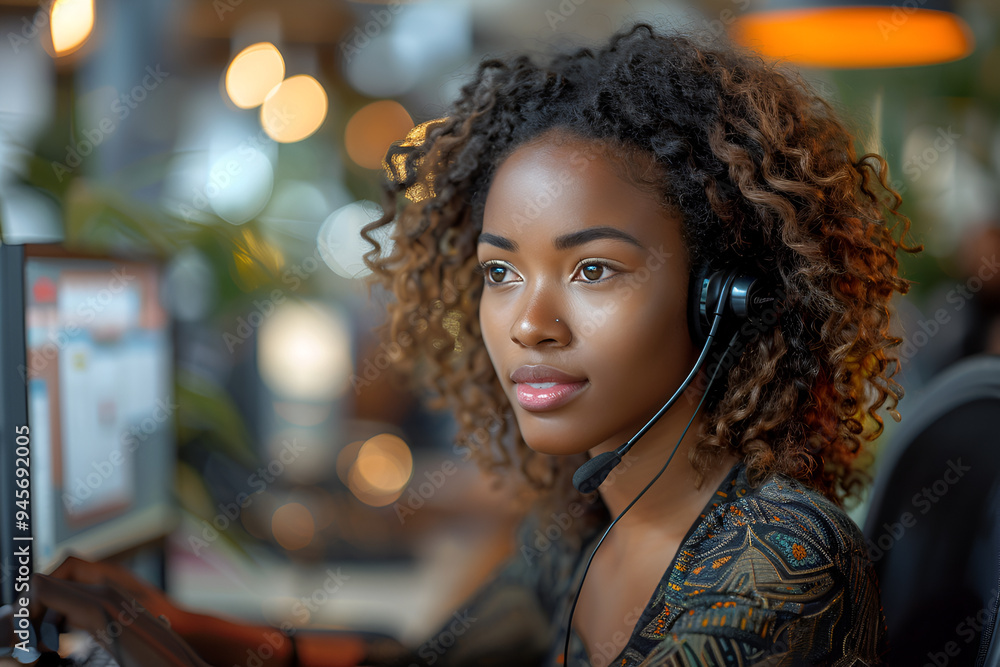 African-American consultant of call center working in office, closeup African-American consultant of call center working in office, closeup