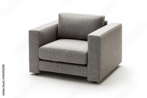 A modern, stylish armchair with a minimalist design in a neutral gray fabric.