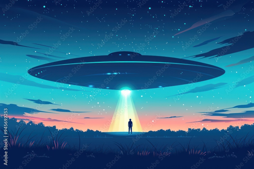 Nighttime scene of a man in a field observing a large UFO with a glowing beam, under a sky full of stars. Extraterrestrial visitation with a futuristic spacecraft. Nighttime scene of a man in a field observing a large UFO with a glowing beam, under a sky full of stars. Extraterrestrial visitation with a futuristic spacecraft.
