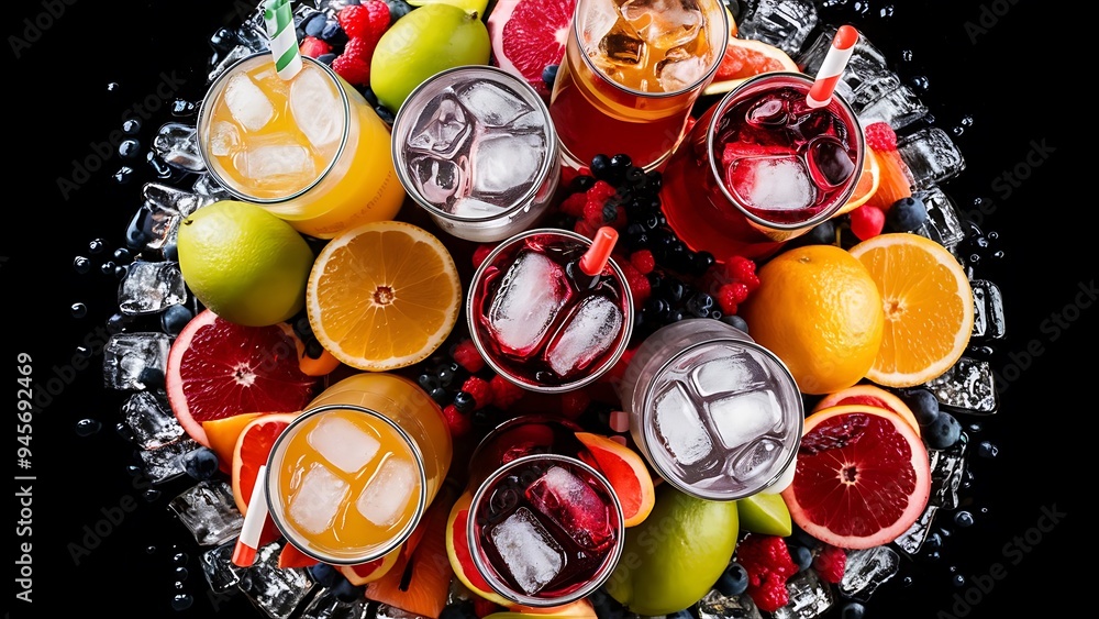 Chilled soft drinks with ice, citrus fruits and berries, black background, selective focus Chilled soft drinks with ice, citrus fruits and berries, black background, selective focus