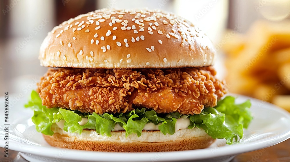 An American fast food breakfast staple, this hamburger on a white plate is stuffed with fried chicken, fresh greens, and mayonnaise, then topped with white sesame seeds. An American fast food breakfast staple, this hamburger on a white plate is stuffed with fried chicken, fresh greens, and mayonnaise, then topped with white sesame seeds.