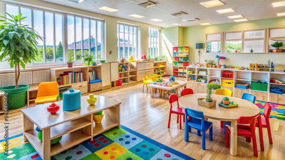 A bright and cheerful daycare facility filled with toys, blocks, and play equipment, providing a nurturing environment for young children to learn and grow.