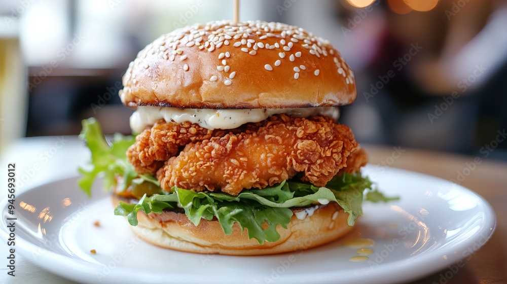 An American fast food breakfast staple, this hamburger on a white plate is stuffed with fried chicken, fresh greens, and mayonnaise, then topped with white sesame seeds. An American fast food breakfast staple, this hamburger on a white plate is stuffed with fried chicken, fresh greens, and mayonnaise, then topped with white sesame seeds.