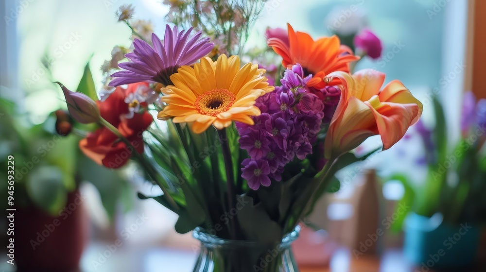Fototapeta premium Fresh flowers being arranged in a vase, Monday morning, uplifting and cheerful