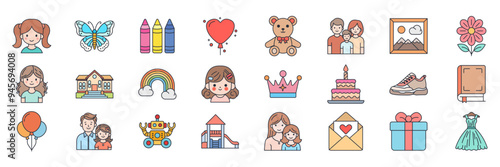 National Daughter Day icons set, Included icons as Baby Girl, Crayon, Rainbow, Flower and more symbols collection, logo isolated vector illustration