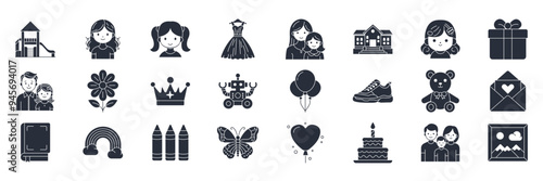 National Daughter Day icons set, Included icons as Baby Girl, Crayon, Rainbow, Flower and more symbols collection, logo isolated vector illustration