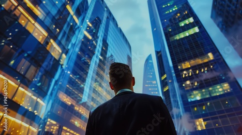 Businessman looking up at skyscrapers in a city. photo