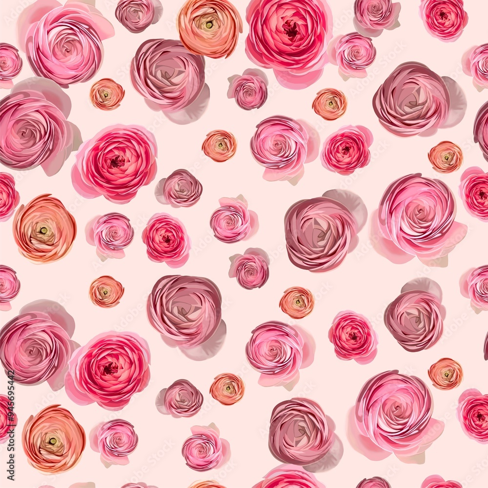 Seamless pattern of ranunculus buds in pastel colors. Modern type of printed art for wedding design, scrapbooking, branding, wallpaper, wrapping paper, printing. Seamless pattern of ranunculus buds in pastel colors. Modern type of printed art for wedding design, scrapbooking, branding, wallpaper, wrapping paper, printing.
