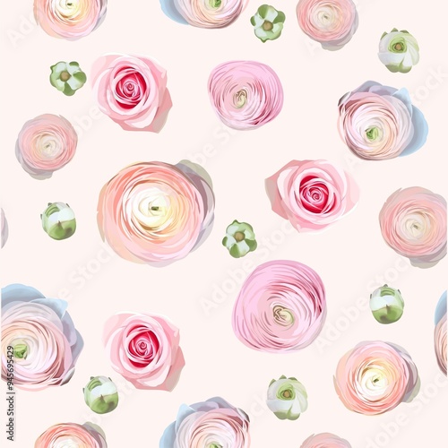 Seamless pattern of ranunculus buds in pastel colors. Modern type of printed art for wedding design, scrapbooking, branding, wallpaper, wrapping paper, printing. photo