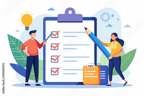 Task checklist, clipboard with to do list checkmark, task management to track work completion, accomplishment, survey or questionnaire concept, business people with pencil and checklist clipboard.
