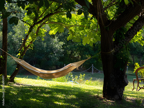 Person lounging in a hammock below a leafy tree, enjoying a tranquil moment in nature. photo