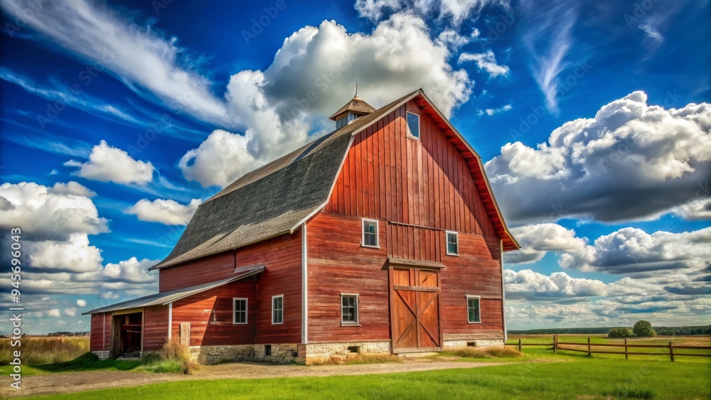 A classic, rustic red barn with weathered wooden slats and a sloping roof, set against a bright blue sky with scattered white clouds. A classic, rustic red barn with weathered wooden slats and a sloping roof, set against a bright blue sky with scattered white clouds.