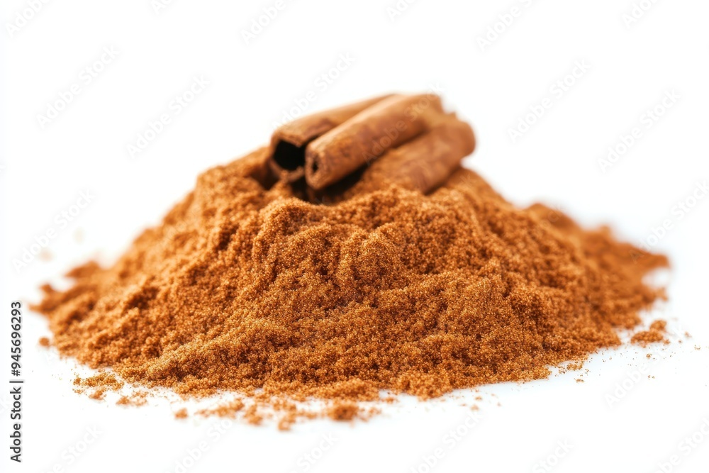 A mound of ground cinnamon with cinnamon sticks on top. A mound of ground cinnamon with cinnamon sticks on top.