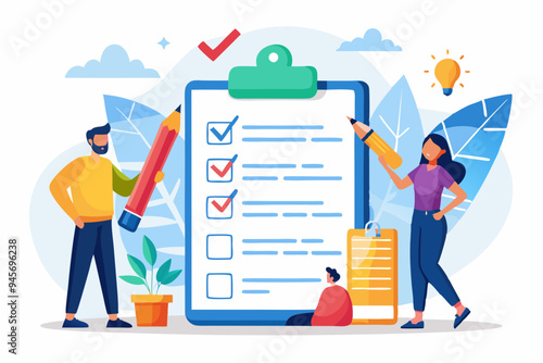 Task checklist, clipboard with to do list checkmark, task management to track work completion, accomplishment, survey or questionnaire concept, business people with pencil and checklist clipboard.
