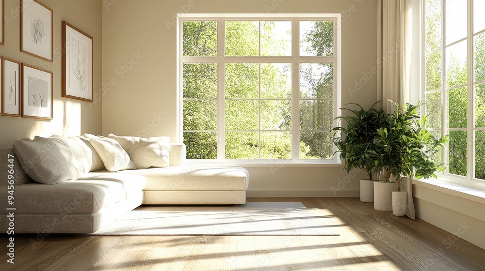 Fototapeta premium Bright and Airy Living Room with Large Windows and Greenery, Modern Minimalist Interior Design
