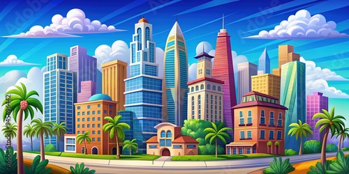 Vibrant cartoon cityscape with colorful buildings, swooping curves, and stylized skyscrapers, set against a bright blue sky with fluffy white clouds and towering palm trees. photo