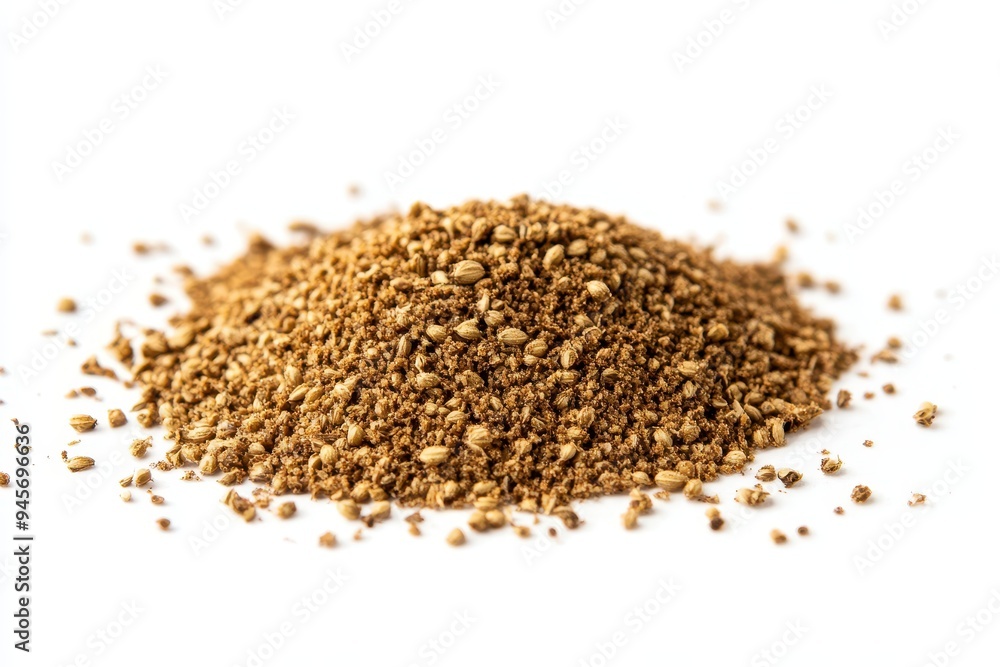 A mound of ground coriander seeds on a white background. A mound of ground coriander seeds on a white background.