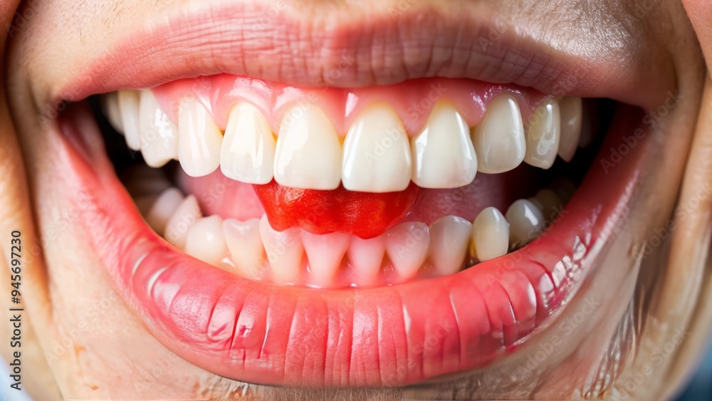 A close-up of a person's mouth, showcasing a sensitive tooth with a red and inflamed gum, highlighting the discomfort and pain of tooth sensitivity.