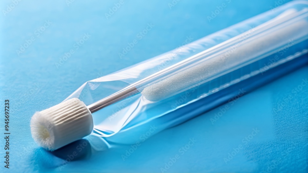 A close-up of a sterile nasal swab, wrapped in protective packaging, with a soft and flexible tip, ready for safe and gentle specimen collection.