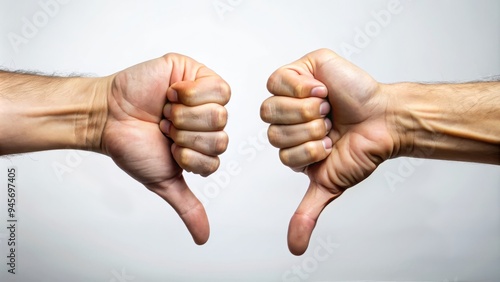 A close-up of two hands with thumbs down gestures, fingers curled inward, expressing strong disapproval, negation, or rejection against a neutral background.