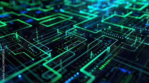 Hi-Tech Circuit Board with Glowing Green Lines