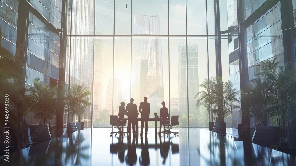 Business team meeting in contemporary business center, talking at office conference table, negotiating on project in modern interior with big panoramic window. Through glass view background Business team meeting in contemporary business center, talking at office conference table, negotiating on project in modern interior with big panoramic window. Through glass view background