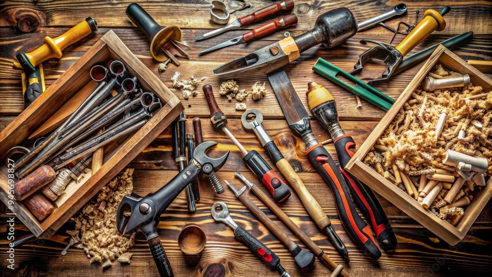 A cluttered workbench overflows with an assortment of tools, including wrenches, pliers, screwdrivers, and hammers, amidst wooden shavings and metal scraps. A cluttered workbench overflows with an assortment of tools, including wrenches, pliers, screwdrivers, and hammers, amidst wooden shavings and metal scraps.