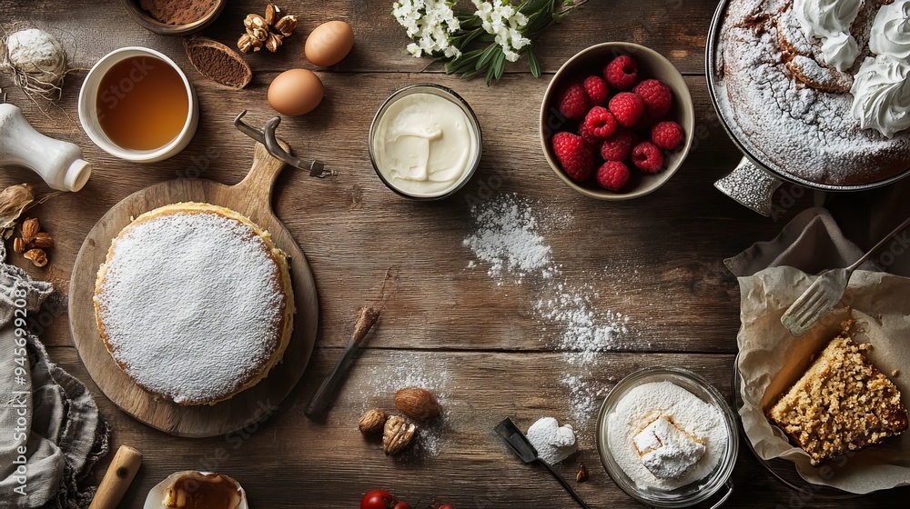 Arranged breakfast or bakery items, including a cake, on a kitchen table with extra space for text. This image captures the essence of preparing and enjoying nutritious meals in a domestic setting Arranged breakfast or bakery items, including a cake, on a kitchen table with extra space for text. This image captures the essence of preparing and enjoying nutritious meals in a domestic setting