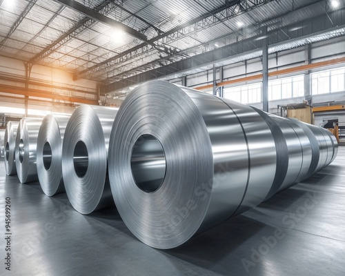 Massive steel coils gleam in industrial warehouse, showcasing raw material for manufacturing