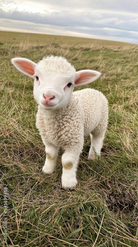 Obraz premium Adorable Lamb in the Enhancing Serenity of Open Grassland Captured on a Calm Cloudy Day