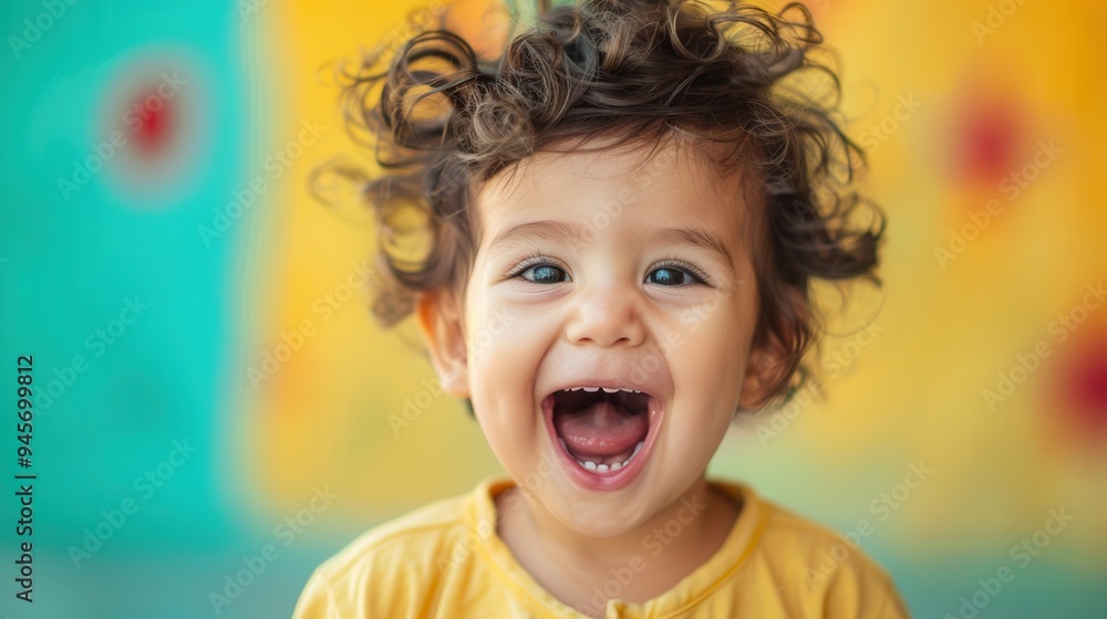 A cheerful young child with curly hair is laughing loudly, surrounded by vibrant colors that create a joyful atmosphere. Generative AI A cheerful young child with curly hair is laughing loudly, surrounded by vibrant colors that create a joyful atmosphere. Generative AI