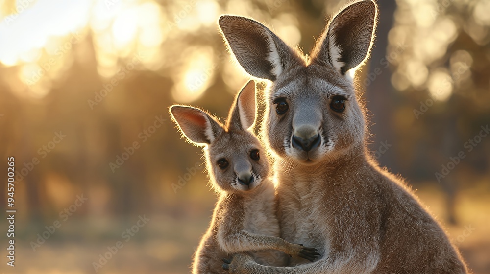 A kangaroo and its joey are seen in a warm, sunlit environment, showcasing nature's beauty. A kangaroo and its joey are seen in a warm, sunlit environment, showcasing nature's beauty.