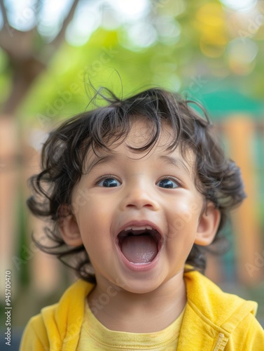 A cheerful toddler with curly hair beams joyfully while enjoying time at a park filled with lush greenery on a sunny afternoon. Generative AI