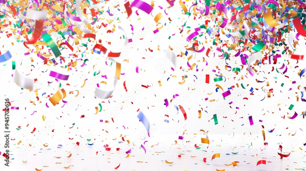 Fototapeta premium Colorful confetti falling on white background.