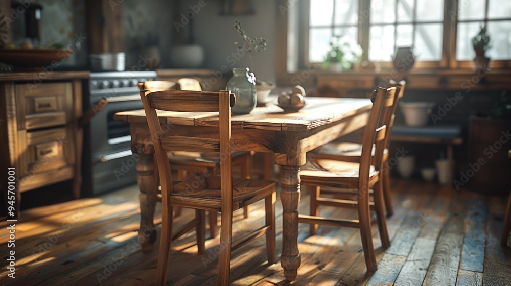 An elegant modern farmhouse dining area featuring a wooden table and chairs with a natural wood finish set in a bright, clean room with a cozy, elegant atmosphere. An elegant modern farmhouse dining area featuring a wooden table and chairs with a natural wood finish set in a bright, clean room with a cozy, elegant atmosphere.
