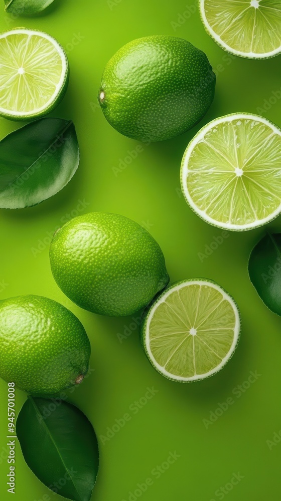 Fresh and Juicy Limes with Leaves on a Vibrant Green Background Fresh and Juicy Limes with Leaves on a Vibrant Green Background